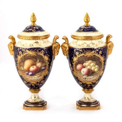 Lot 70 - A PAIR OF COALPORT FRUIT-PAINTED VASES AND COVERS BY FREDERICK HERBERT CHIVERS