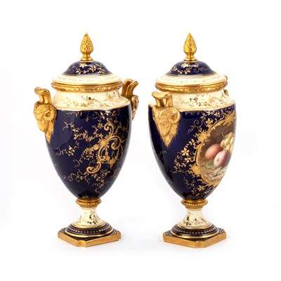 Lot 70 - A PAIR OF COALPORT FRUIT-PAINTED VASES AND COVERS BY FREDERICK HERBERT CHIVERS