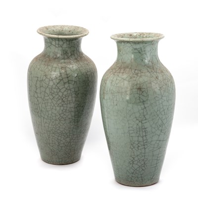 Lot 150 - A NEAR PAIR OF CHINESE GUAN-TYPE CELADON VASES, QING DYNASTY
