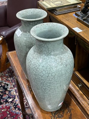 Lot 150 - A NEAR PAIR OF CHINESE GUAN-TYPE CELADON VASES, QING DYNASTY