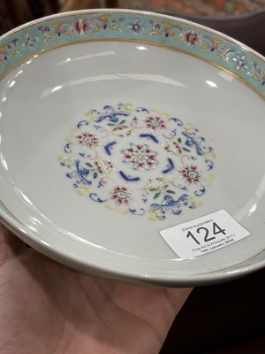 Lot 124 - A CHINESE CELADON-BACK FAMILLE ROSE DISH