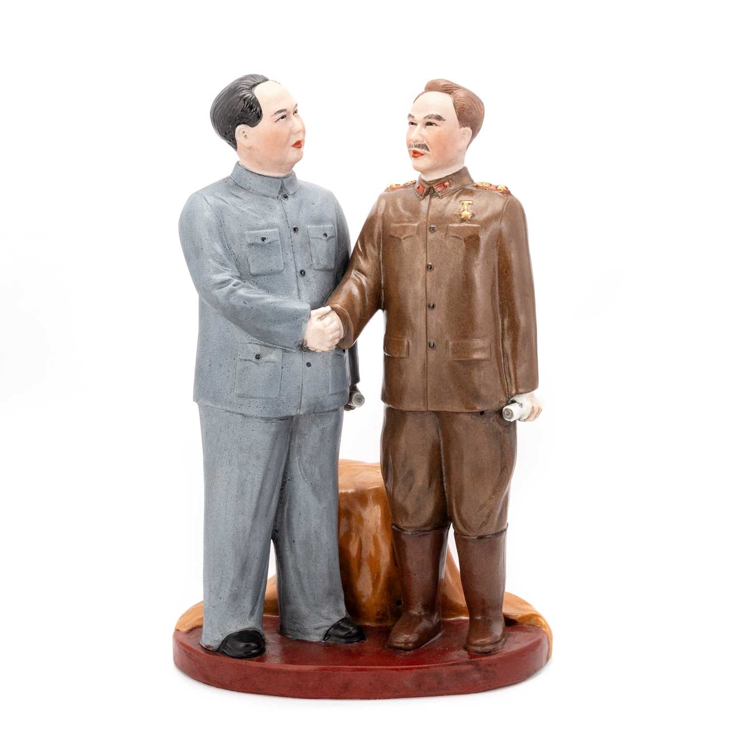 Lot 192 - A CHINESE GLAZED EARTHENWARE 'CULTURAL REVOLUTION' GROUP, DEPICTING MAO ZEDONG AND JOSEPH STALIN