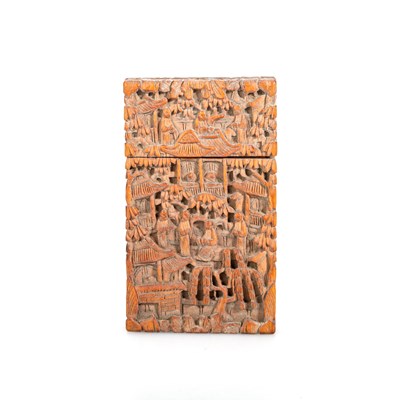 Lot 200 - A CHINESE EXPORT CARVED SANDALWOOD CARD CASE, 19TH CENTURY