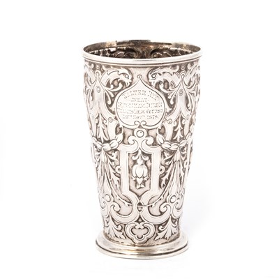 Lot 474 - ROWING INTEREST: A VICTORIAN SILVER BEAKER