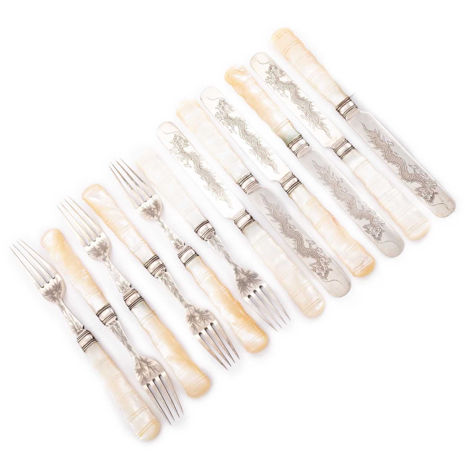 Lot 314 - A SET OF SIX CHINESE SILVER AND MOTHER-OF-PEARL DESSERT KNIVES AND FORKS