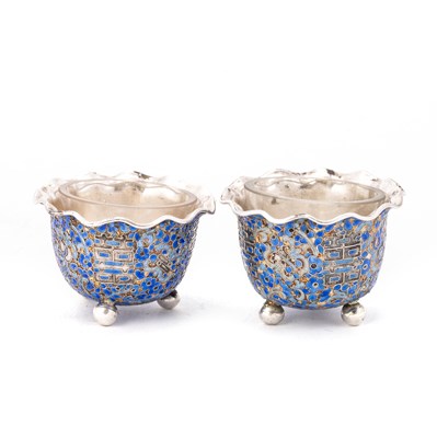 Lot 320 - A PAIR OF CHINESE SILVER AND ENAMEL SALTS