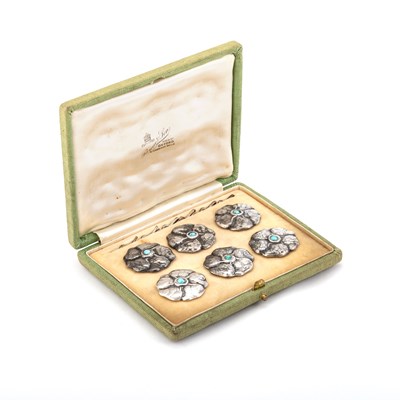 Lot 426 - A SET OF SIX LIBERTY & CO CYMRIC SILVER AND TURQUOISE BUTTONS