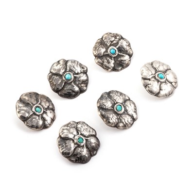 Lot 426 - A SET OF SIX LIBERTY & CO CYMRIC SILVER AND TURQUOISE BUTTONS