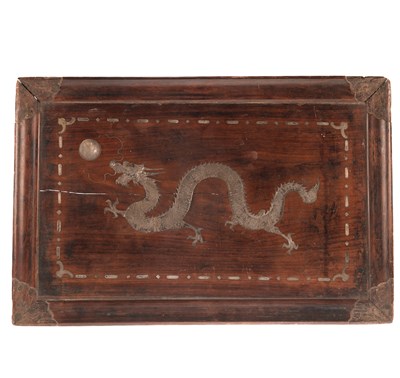 Lot 198 - A CHINESE SILVERED METAL INLAID HARDWOOD TRAY, PROBABLY LATE 19TH CENTURY