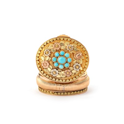 Lot 544 - A 19TH CENTURY FRENCH VARI-COLOURED GOLD AND TURQUOISE-SET VINAIGRETTE