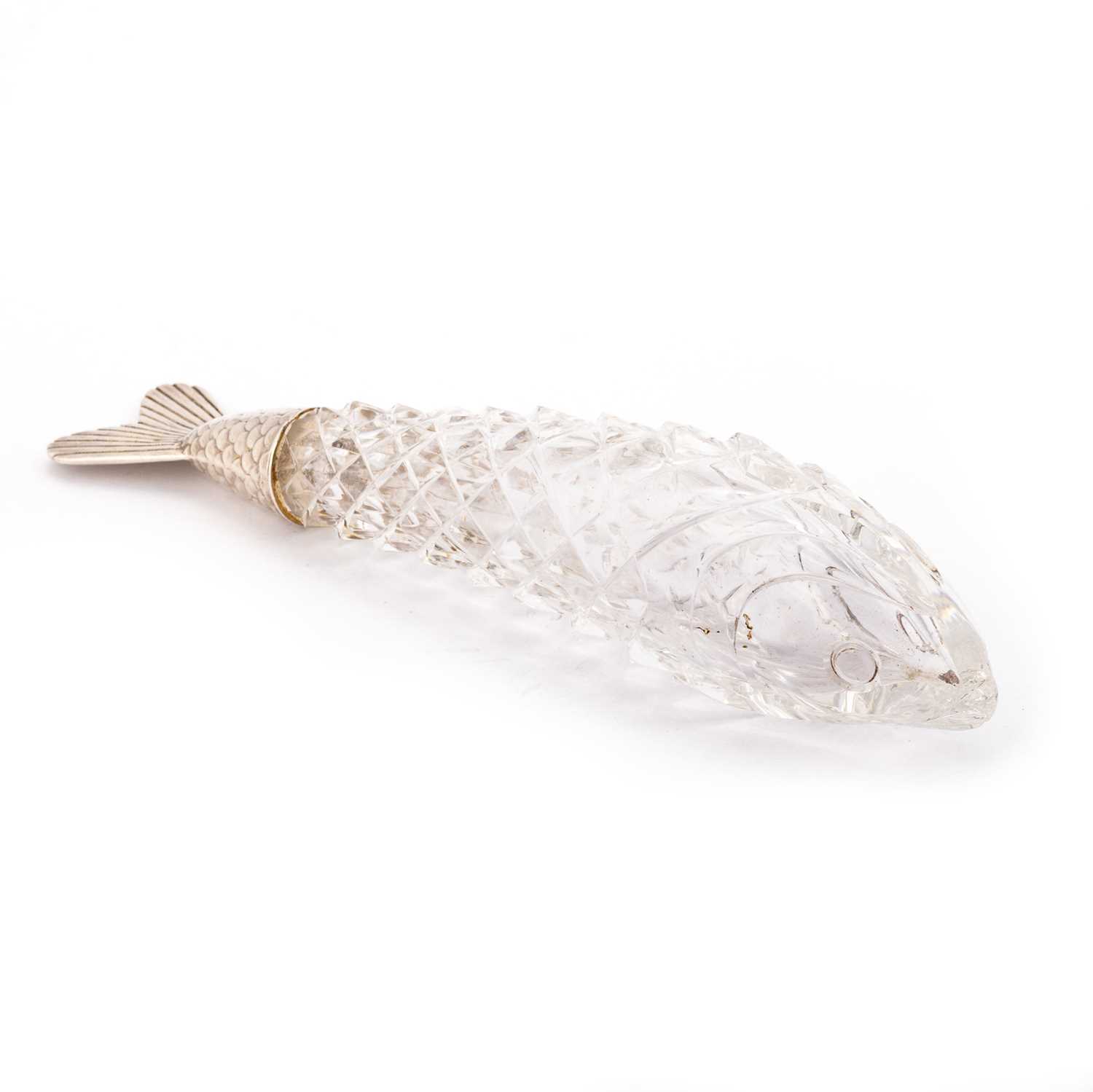 Lot 456 - A VICTORIAN SILVER-MOUNTED CUT-GLASS NOVELTY FISH SCENT BOTTLE