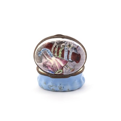 Lot 553 - NELSON: AN ENGLISH ENAMEL PATCH BOX, CIRCA 1800