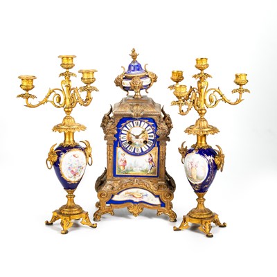 Lot 747 - A LATE 19TH CENTURY GILT-METAL MOUNTED AND 'SÈVRES' PORCELAIN CLOCK GARNITURE