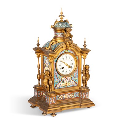 Lot 740 - A FRENCH GILT-BRONZE AND CHAMPLEVÉ ENAMEL MANTEL CLOCK, CIRCA 1890