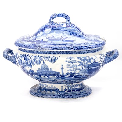 Lot 57 - A SPODE BLUE AND WHITE 'TIBER' PATTERN SOUP TUREEN AND A PAIR OF VEGETABLE TUREENS, CIRCA 1820
