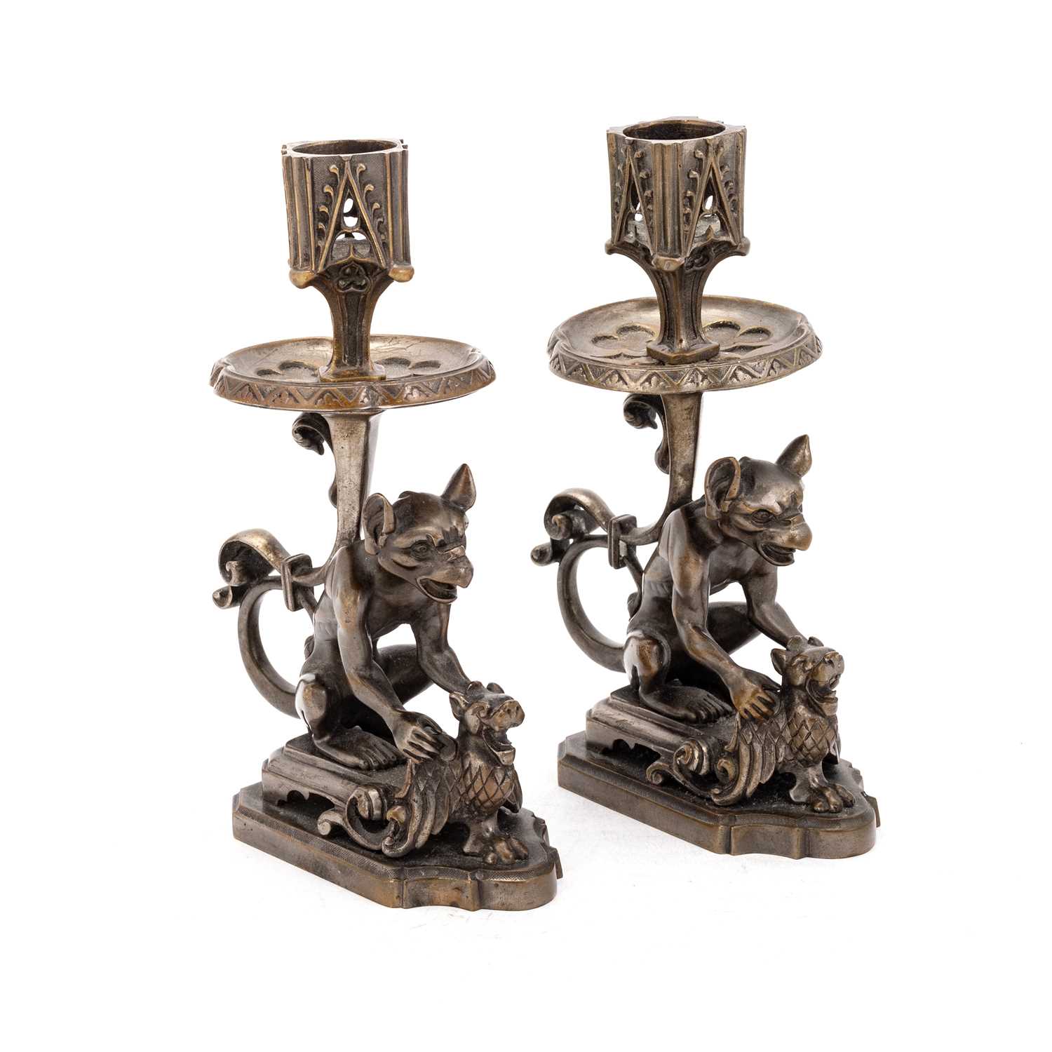 Candlesticks Goth Lot 247 - A PAIR OF BRONZE GOTHIC STYLE CANDLESTICKS,