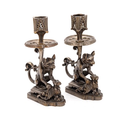 Lot 247 - A PAIR OF BRONZE GOTHIC STYLE CANDLESTICKS, LATE 19TH CENTURY