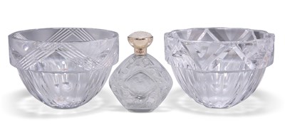 Lot 36 - TWO ORREFORS CLEAR GLASS BOWLS, AND A LALIQUE GLASS PERFUME BOTTLE