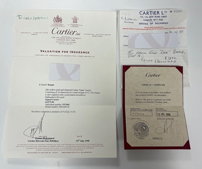 Lot 605 - A CARTIER 18 CARAT GOLD AND DIAMOND LOVE BANGLE WITH BOX AND CERTIFICATION