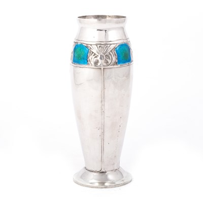 Lot 265 - ARCHIBALD KNOX (1864-1933) FOR LIBERTY & CO, A TUDRIC PEWTER AND ENAMEL VASE
