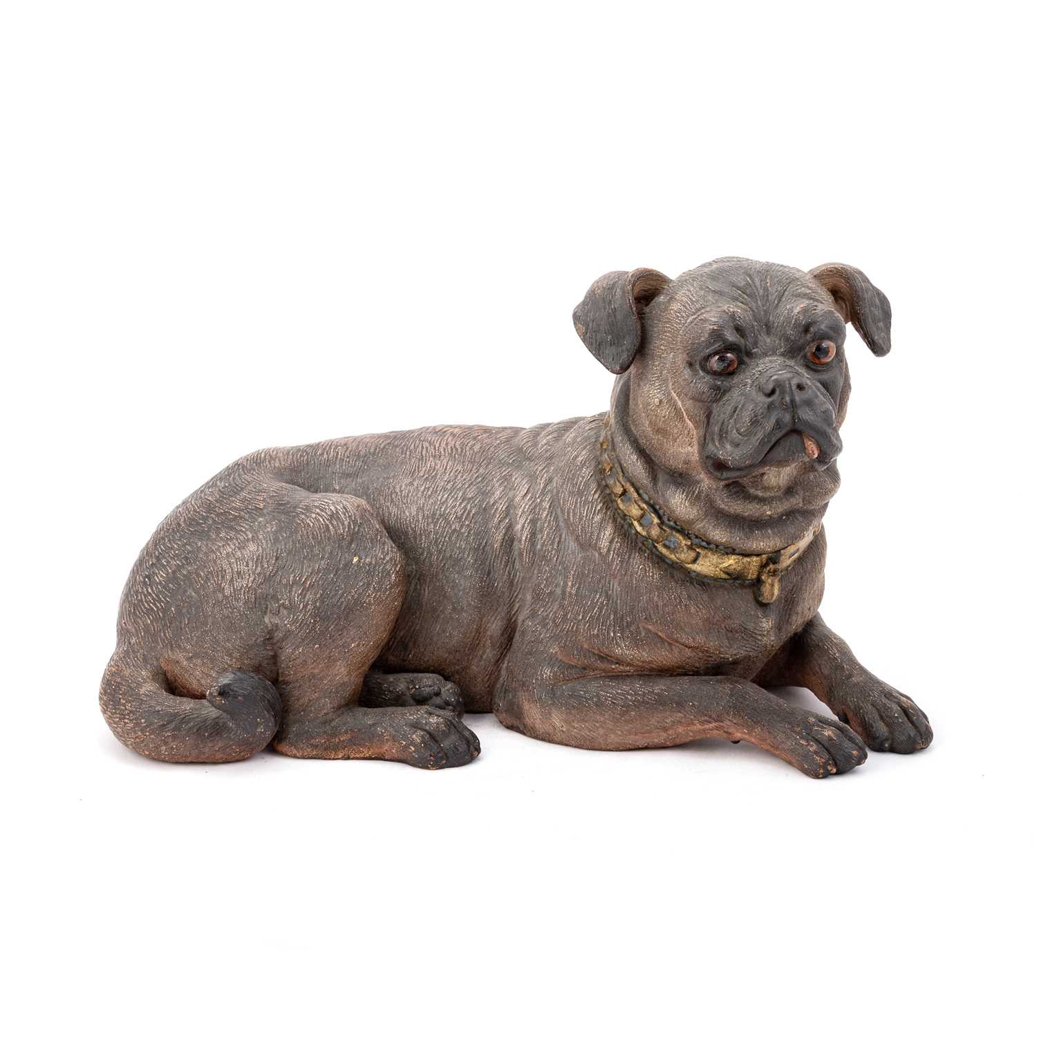 Lot 77 - AN AUSTRIAN PAINTED EARTHENWARE MODEL OF A PUG DOG