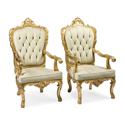 Lot 1061 - A LARGE PAIR OF LOUIS XV STYLE GILT AND UPHOLSTERED FAUTEUILS