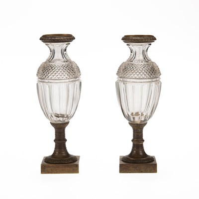 Lot 34 - A PAIR OF GILT-METAL MOUNTED CUT-GLASS VASES, CIRCA 1900