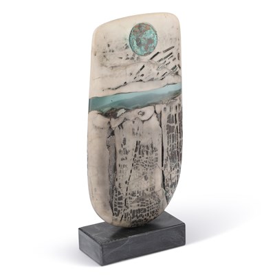 Lot 101 - PETER HAYES (BORN 1946), RAKU BOW WITH DISC AND BLUE WAVE