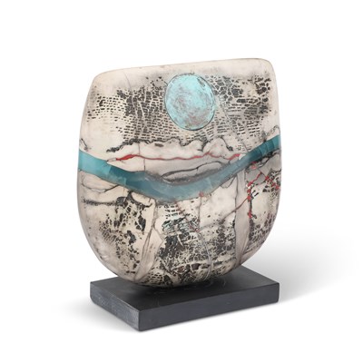 Lot 98 - PETER HAYES (BORN 1946), RAKU BOW WITH DISC AND BLUE WAVE