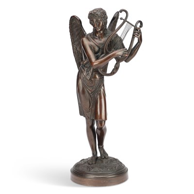 Lot 657 - A LATE 19TH CENTURY FRENCH SCHOOL, A BRONZE FIGURE OF AN ANGEL PLAYING THE HARP