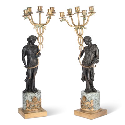 Lot 668 - A PAIR OF EMPIRE STYLE BRONZE FIGURAL CANDELABRA