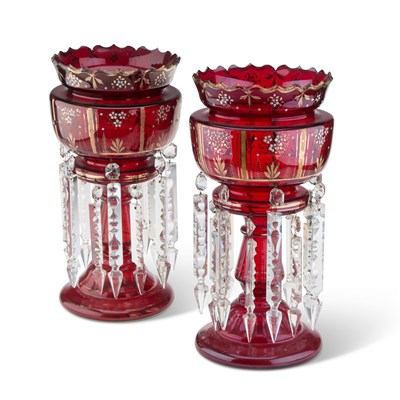 Lot 15 - A PAIR OF 19TH CENTURY RUBY GLASS LUSTRES
