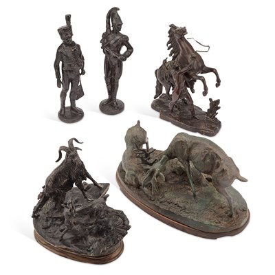 Lot 230 - THREE BRONZE GROUPS AND TWO BRONZE FIGURES OF SOLDIERS