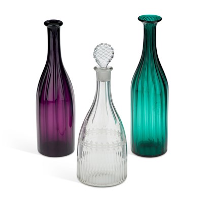 Lot 20 - TWO COLOURED GLASS FLUTED SPIRIT DECANTERS, CIRCA 1830