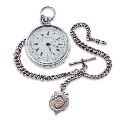 Lot 622 - A CONTINENTAL SILVER CHRONOGRAPH POCKET WATCH AND DOUBLE ALBERT