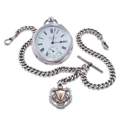 Lot 623 - A SILVER OPEN FACED POCKET WATCH AND DOUBLE ALBERT CHAIN