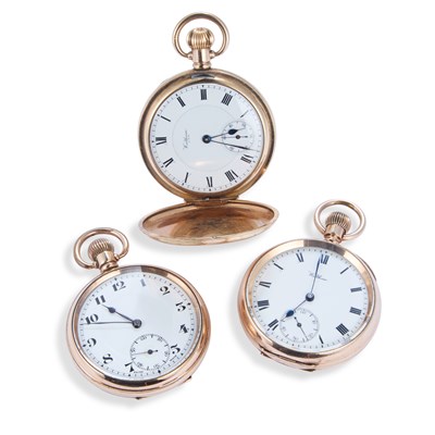 Lot 624 - TWO WALTHAM GOLD-PLATED POCKET WATCHES AND ANOTHER GOLD-PLATED POCKET WATCH