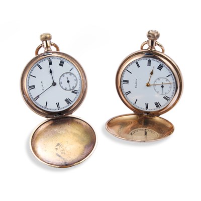 Lot 618 - TWO ELGIN GOLD PLATED FULL HUNTER POCKET WATCHES