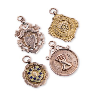 Lot 650 - CRICKET INTEREST: FOUR 9 CARAT GOLD FOBS/ MEDALLIONS