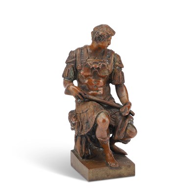 Lot 915 - A BRONZE FIGURE OF GIULIANO DE' MEDICI, AFTER MICHELANGELO'S MEDICI TOMB