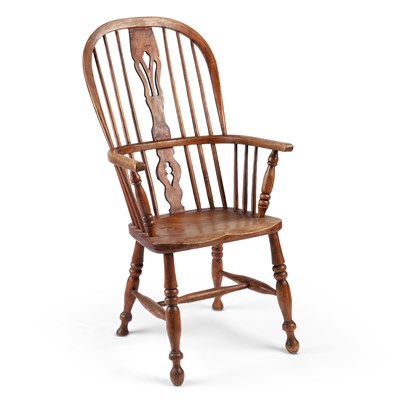 Lot 765 - A 19TH CENTURY ELM AND OAK HIGH-BACK WINDSOR CHAIR