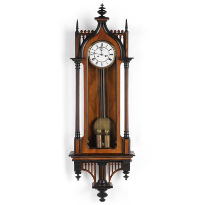 Lot 739 - A 19TH CENTURY WALNUT AND EBONISED TWO-WEIGHT VIENNA WALL CLOCK