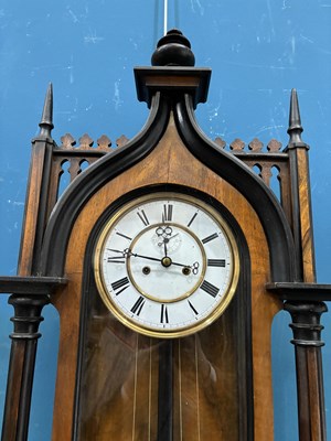Lot 739 - A 19TH CENTURY WALNUT AND EBONISED TWO-WEIGHT VIENNA WALL CLOCK