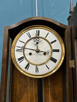 Lot 739 - A 19TH CENTURY WALNUT AND EBONISED TWO-WEIGHT VIENNA WALL CLOCK