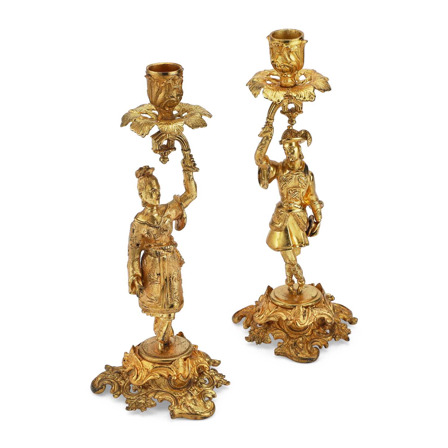 Lot 215 - A PAIR OF 19TH CENTURY GILT-BRASS CHINOISERIE CANDLESTICKS