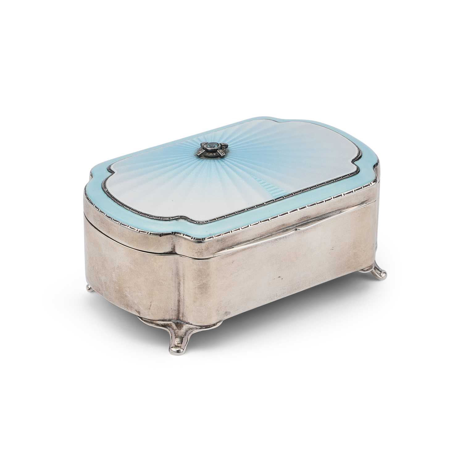 Lot 380 - AN ART DECO SILVER AND ENAMEL JEWELLERY BOX