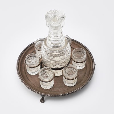 Lot 223 - A SILVER-PLATED AND CUT-GLASS DRINKS SET, 19TH CENTURY