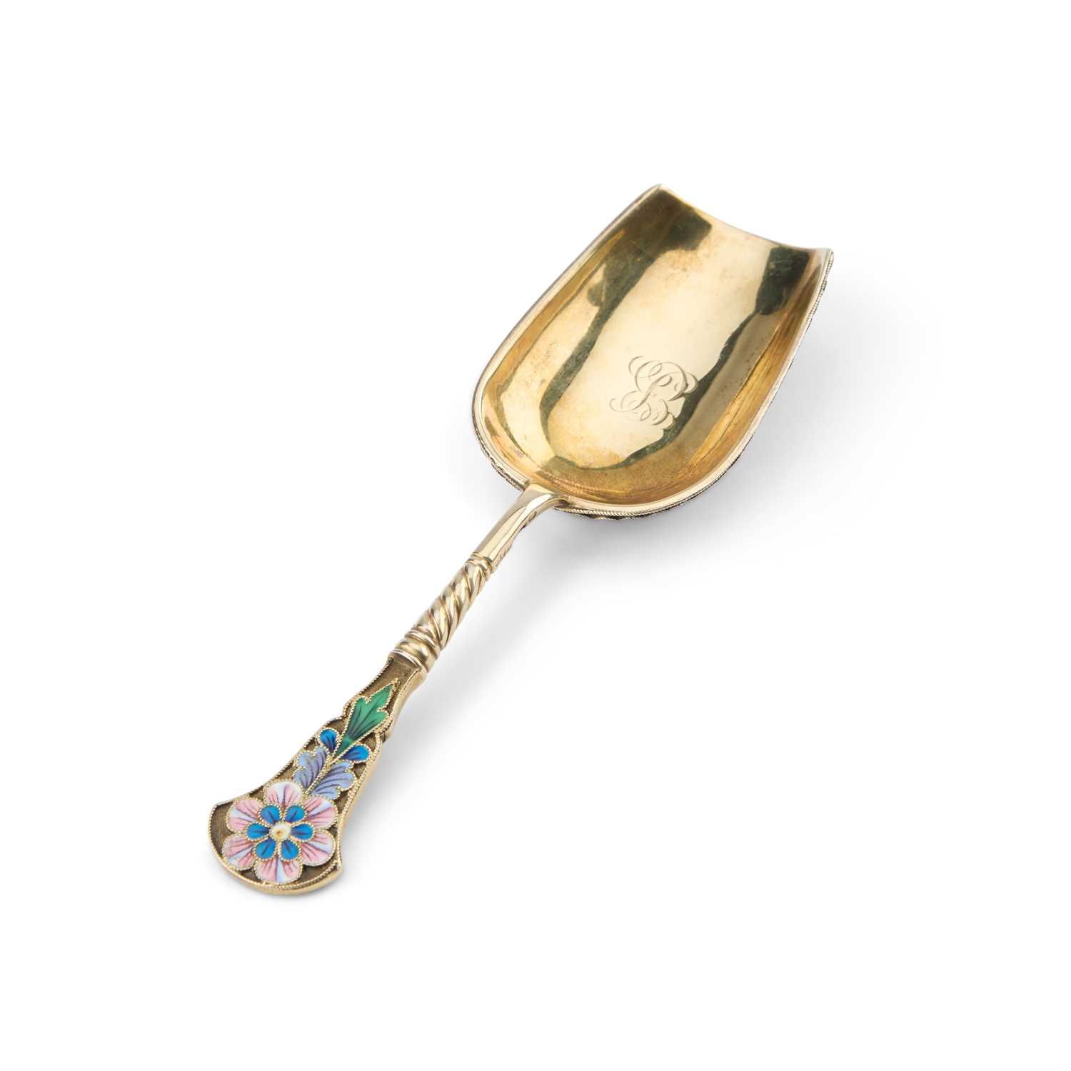 Lot 281 - A RUSSIAN SILVER-GILT AND ENAMEL SUGAR SPOON