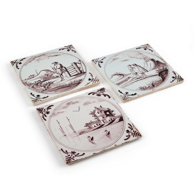Lot 57 - THREE 18TH CENTURY ENGLISH MANGANESE DELFT TILES, PROBABLY LIVERPOOL