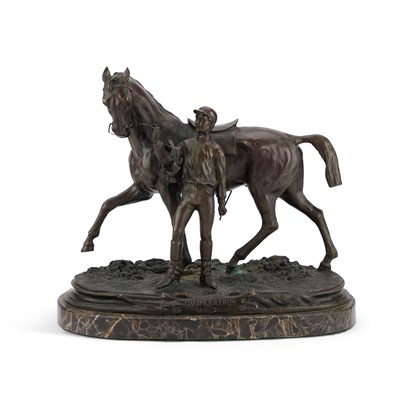 Lot 549 - AFTER PIERRE JULES MÈNE (FRENCH, 1810-1879), 'VAINQUEUR', A PATINATED BRONZE EQUESTRIAN GROUP